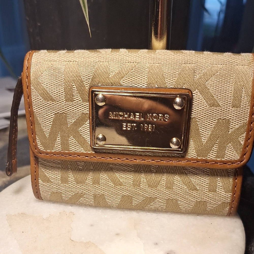 Michael Kors Tan Monogram Wallet with Gold Logo